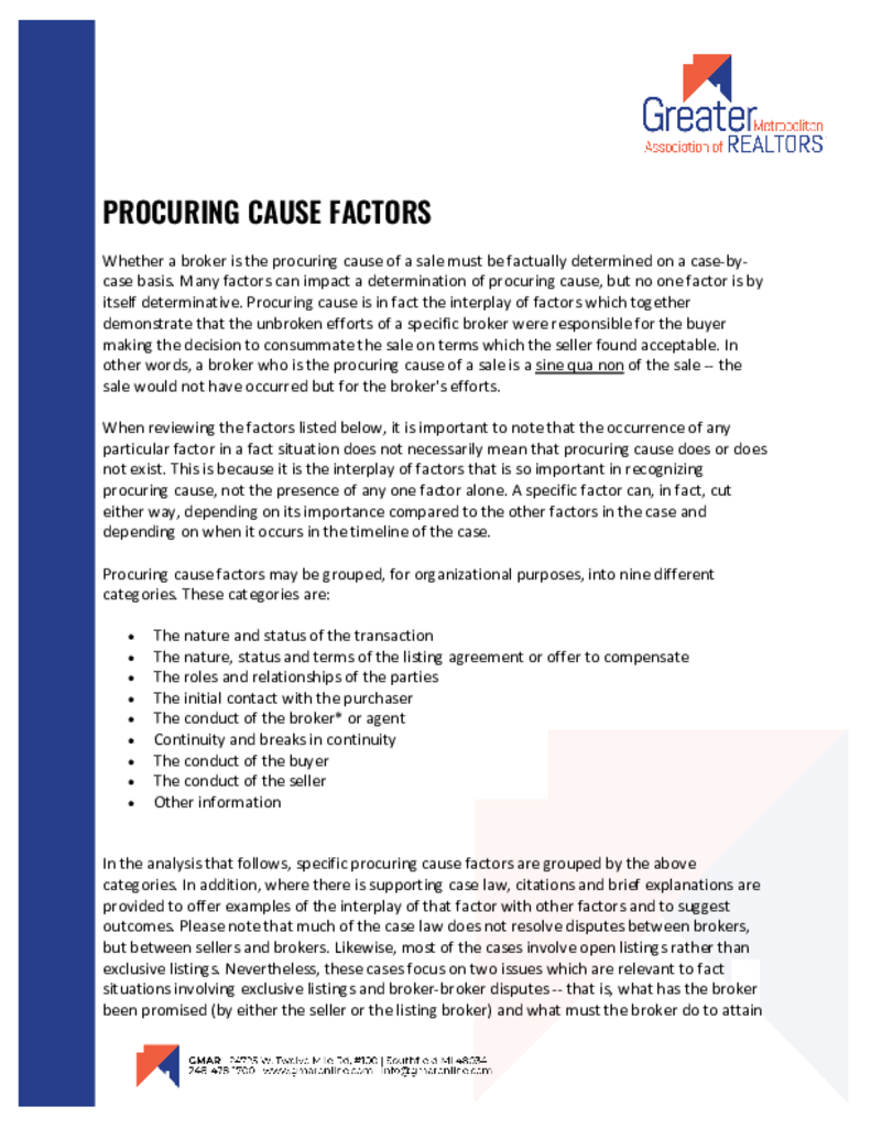 Procuring cause factors greater metropolitan association of realtors