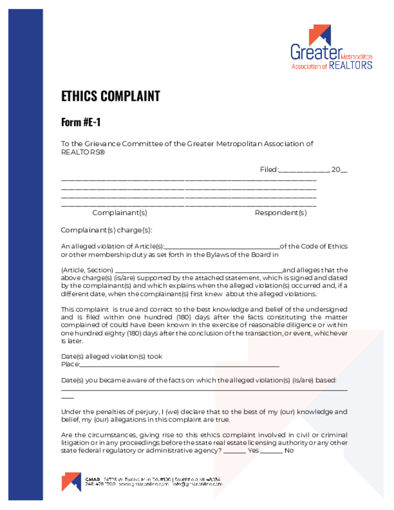 E1 Ethics Complaint Form | Greater Metropolitan Association of Realtors